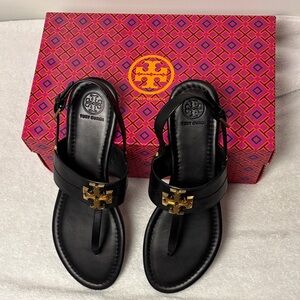 Tory Burch Black Leather Sandals with Gold Accent
